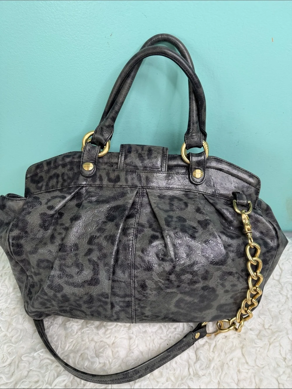 Brahmin Adore Charcoal Leopard-Print Leather Satchel with Gold Hardware
